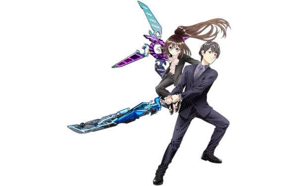A dynamic HD wallpaper featuring characters from the anime Hand Shakers, showcasing a sword-wielding duo in an action-packed pose.