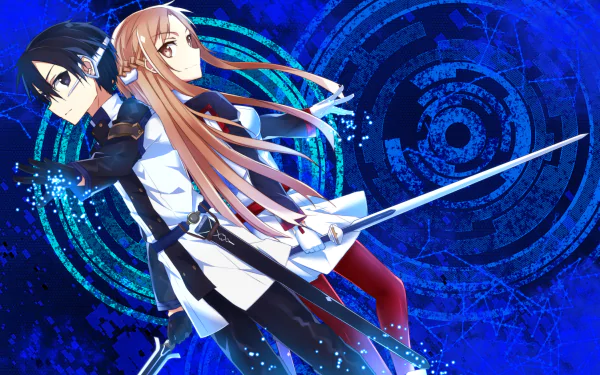 Kazuto Kirigaya and Asuna Yuuki stand back to back, wielding swords amidst a vibrant blue digital backdrop, capturing the essence of *Sword Art Online: Ordinal Scale*.