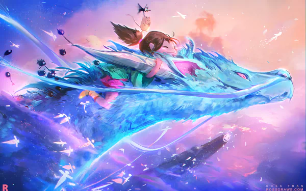 HD desktop wallpaper featuring Chihiro from Studio Ghibli's Spirited Away, flying on a vibrant, blue dragon amidst a dreamy, colorful background.