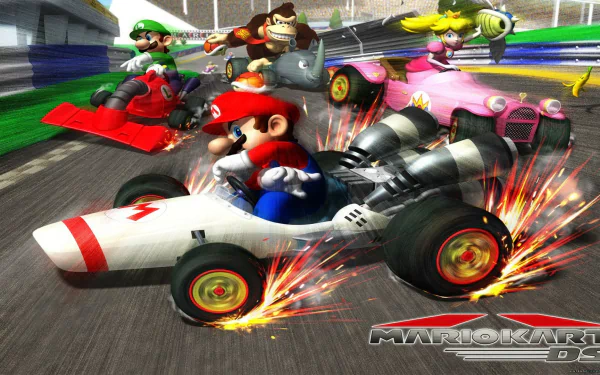 HD PC desktop wallpaper featuring dynamic characters from Mario Kart DS racing on a vibrant track with sparks flying from the wheels during an intense race.