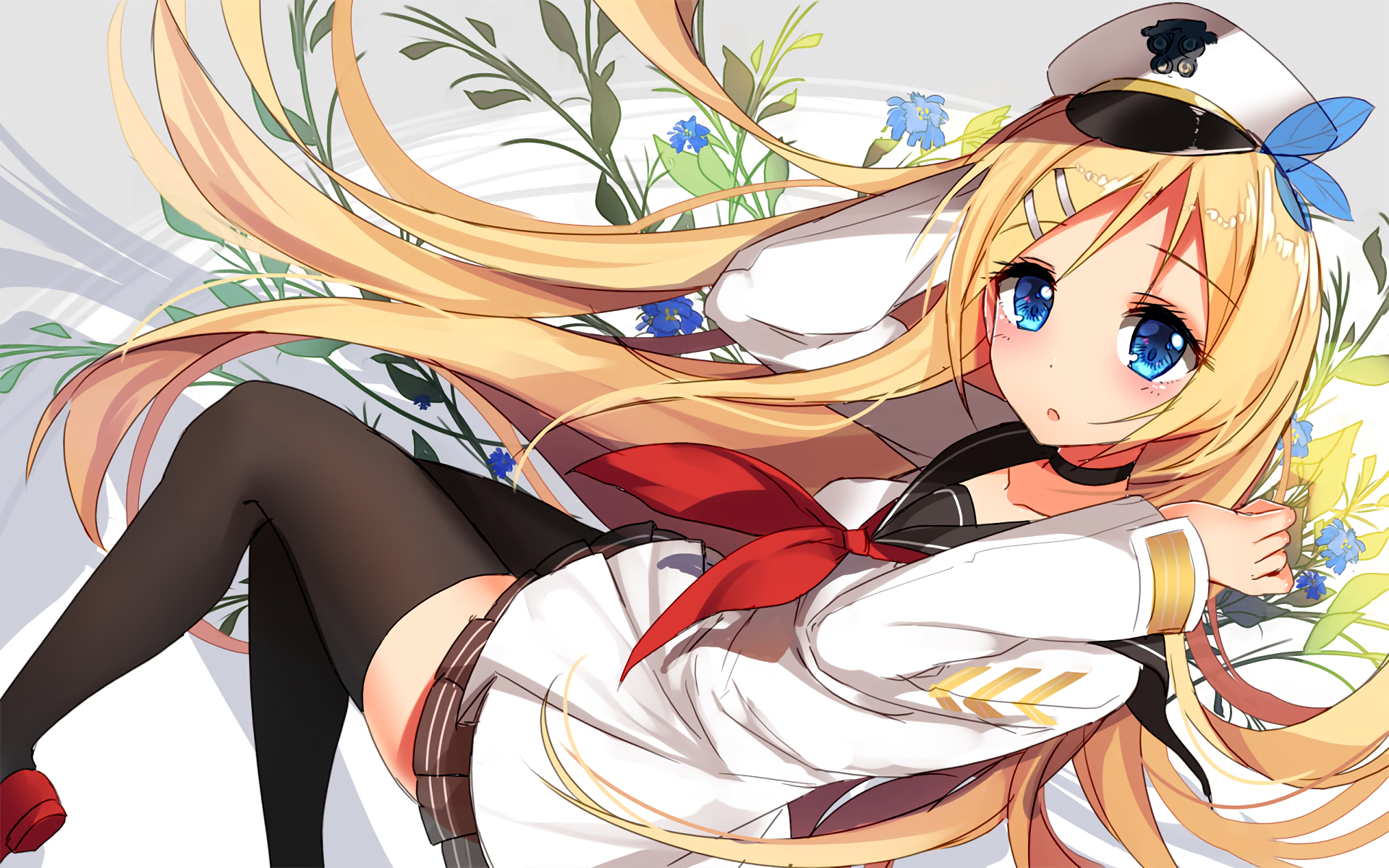 A vibrant HD wallpaper featuring Saratoga from Warship Girls, showcasing her long blonde hair, blue eyes, and playful pose, surrounded by delicate flowers and marine elements.