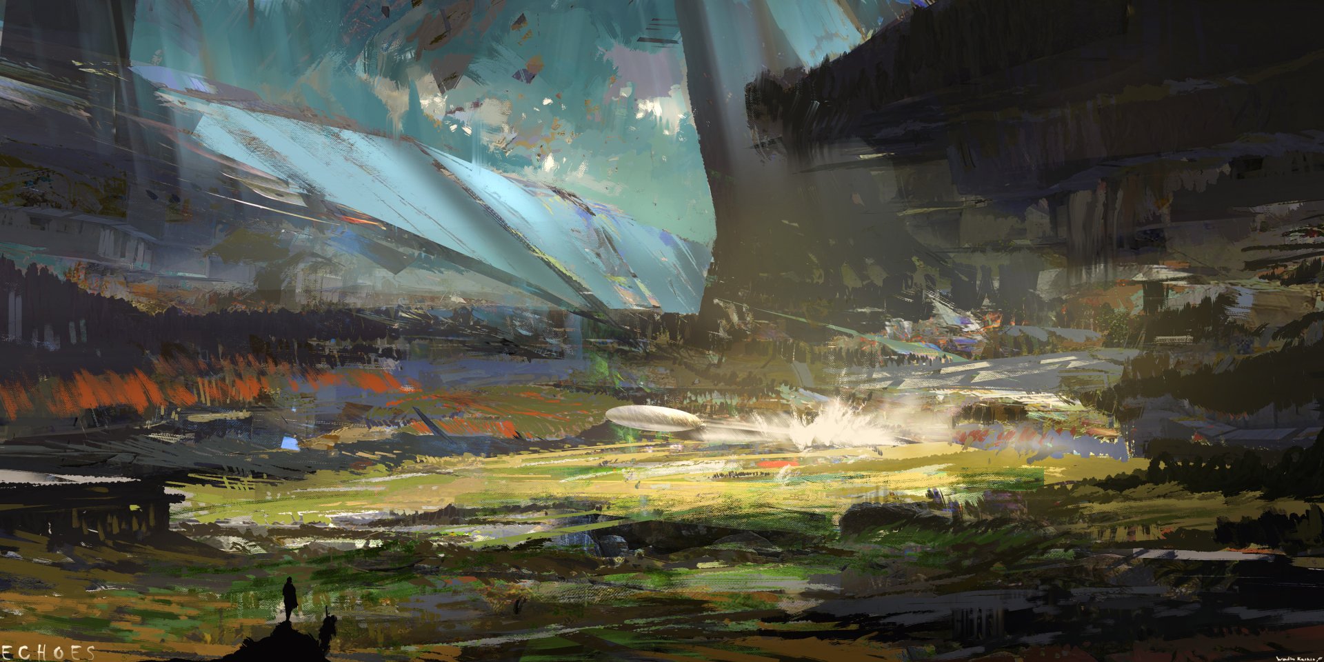 Futuristic sci-fi landscape with alien terrain and structures, rendered in HD for a vivid PC desktop wallpaper and background.