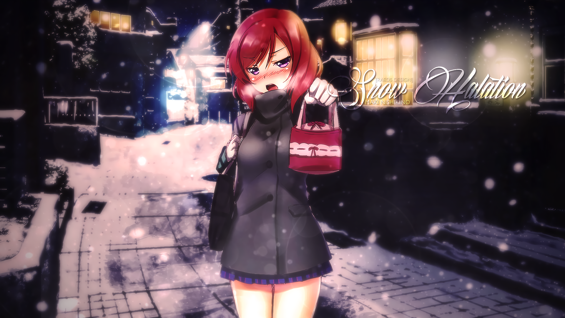 HD PC wallpaper featuring Maki Nishikino from Love Live! standing on a snowy city street at night, dressed in a dark coat and holding a red handbag.