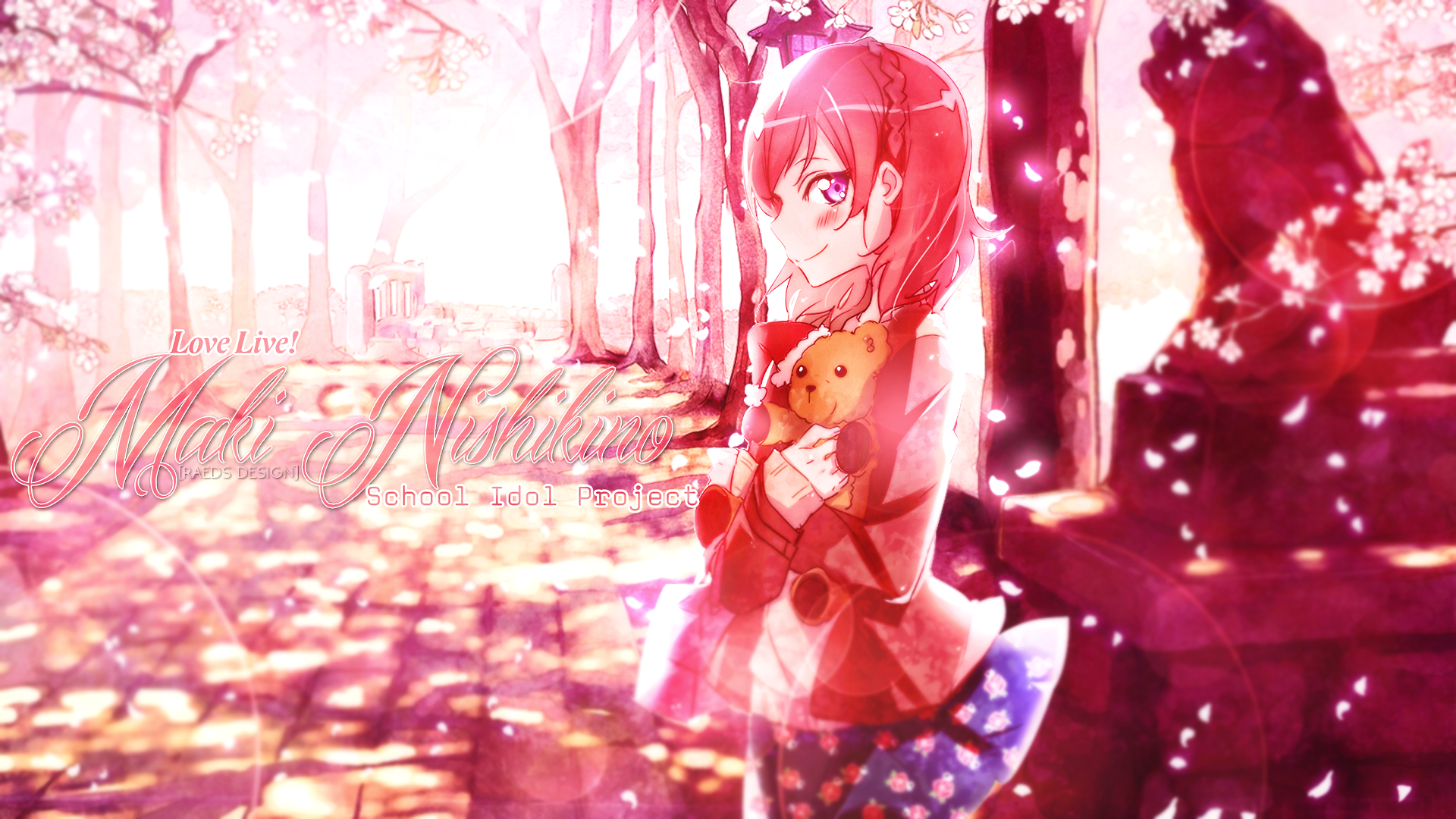HD desktop wallpaper of Maki Nishikino from Love Live!, standing under cherry blossoms at sunset, holding a teddy bear amid soft pink light and falling petals.