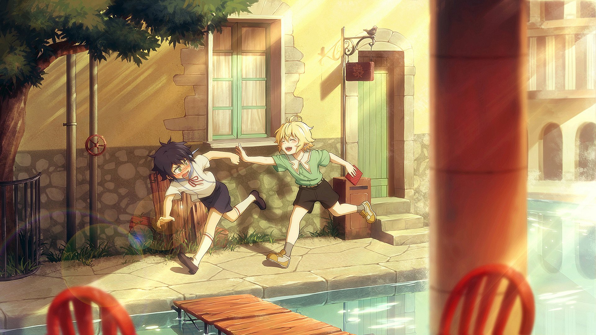 HD PC wallpaper featuring Mikaela Hyakuya and Yūichirō Hyakuya from the anime Seraph of the End running playfully along a sunlit riverside path.