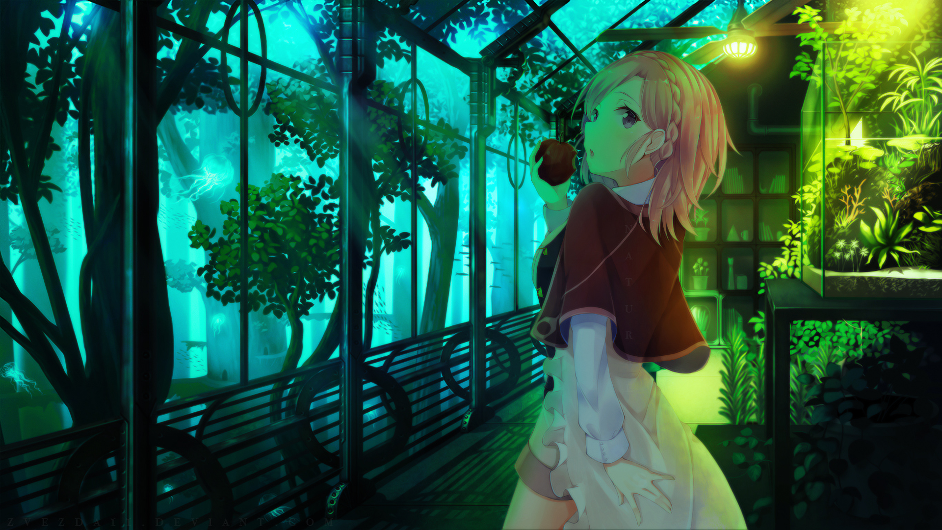 HD anime wallpaper featuring a character in a lush, vibrant greenhouse, surrounded by greenery and illuminated by a mystical blue light. Original artwork that enhances any desktop background.