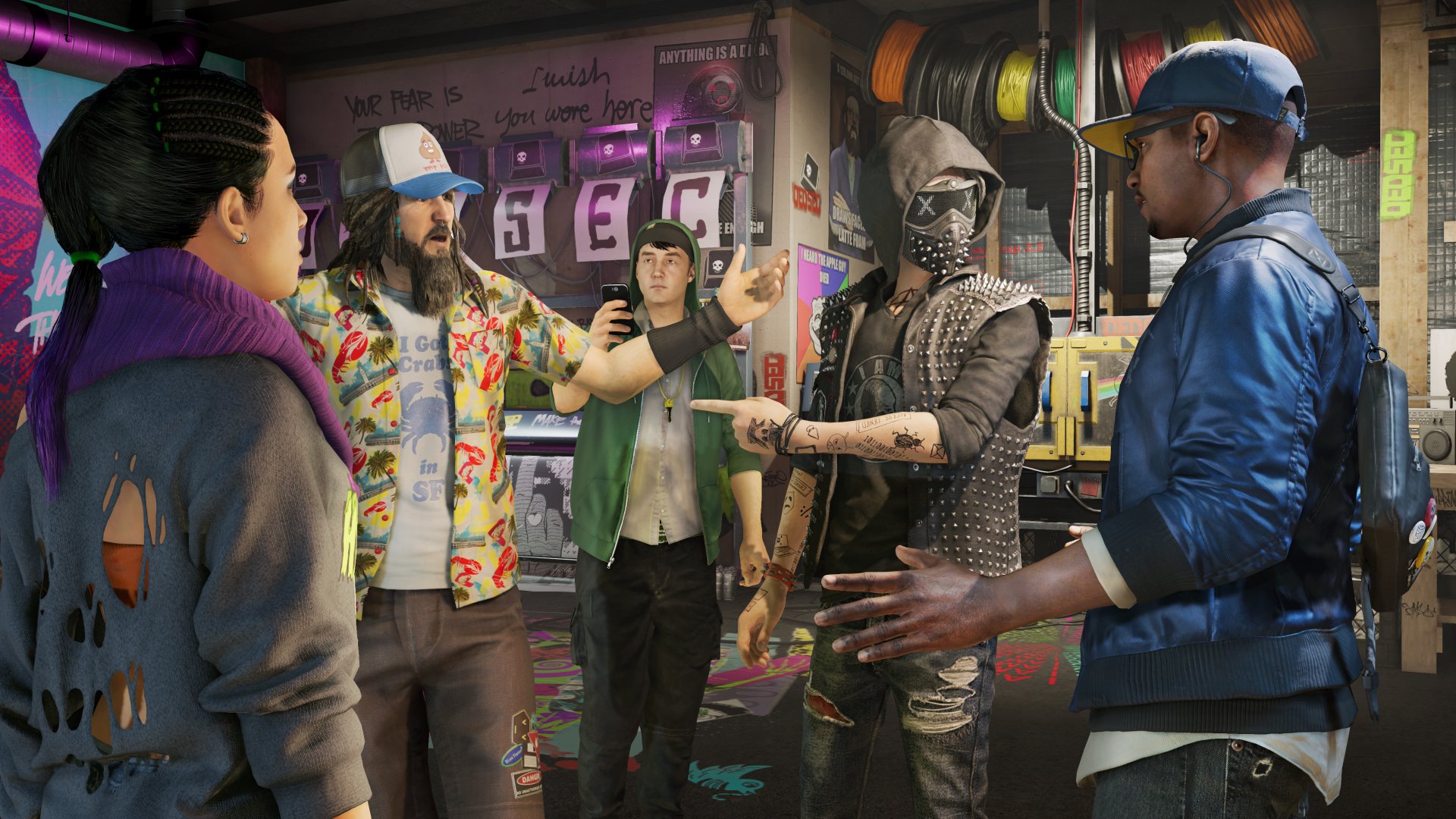 A vibrant scene from Watch Dogs 2, featuring diverse characters engaging in conversation within a colorful, graffiti-filled environment, serves as an engaging HD desktop wallpaper.