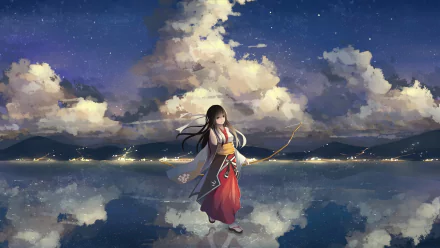 HD PC desktop wallpaper featuring Akagi from Warship Girls anime, standing on reflective water under a dramatic sky with clouds and distant city lights.