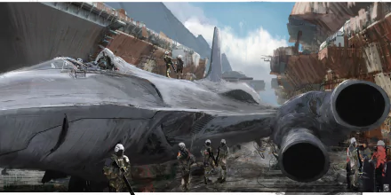 Sci‑Fi military scene: soldiers and aircraft surround a massive jet fighter on a ruined futuristic airfield — 2K Quad HD PC desktop wallpaper and background.