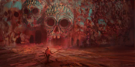 2K Quad HD PC desktop wallpaper and background: red-toned fantasy scene with lone warrior facing two colossal ornate skull portals amid colorful, artistic cavern of skulls.
