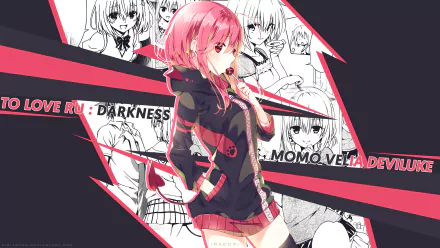 Anime wallpaper featuring Momo Velia Deviluke from *To Love-Ru: Darkness*, showcasing her in a dynamic pose with vibrant colors and stylized graphic elements.