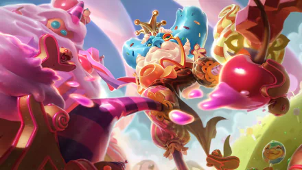 HD desktop wallpaper of Ivern from League of Legends, depicted with candy-themed elements and a crown, showcasing vibrant colors and a playful video game aesthetic.