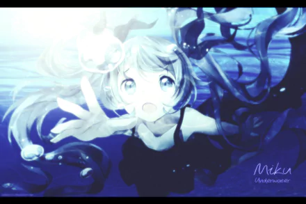 HD dark anime wallpaper featuring Hatsune Miku from Vocaloid, depicted underwater with flowing hair and a reaching hand in a dramatic, ethereal scene.
