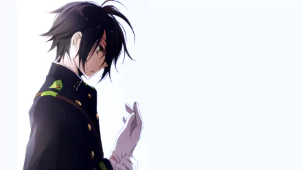 Yūichirō Hyakuya from Seraph of the End stands poised in a military uniform, his intense gaze hinting at his determination, set against a minimalistic background.