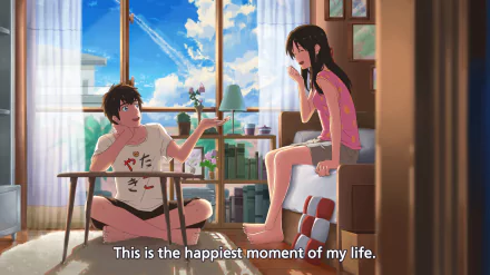 An HD wallpaper depicting the anime characters Taki Tachibana and Mitsuha Miyamizu from Your Name. in a bedroom setting. Both are barefoot, with Taki sitting on the floor and Mitsuha on a bed, sharing a joyful moment.
