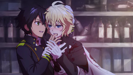 A dynamic scene featuring Mikaela and Yūichirō Hyakuya from the anime Seraph of the End, set against a moody background with bottles, creating an engaging HD wallpaper.
