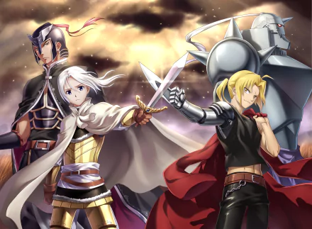 A dynamic crossover scene featuring Daryun and Arslan from *Arslan Senki*, alongside Edward and Alphonse Elric from *Fullmetal Alchemist*, set against an epic backdrop.