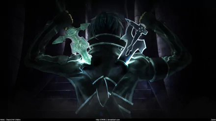 A dramatic anime-inspired HD wallpaper featuring a character from Sword Art Online, showcasing dual swords against a dark backdrop, capturing a sense of adventure and mystery.