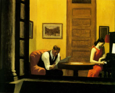 Artistic painting depicting a man reading and a woman playing piano in a warmly lit room, captured as a high-definition PC desktop wallpaper and background.
