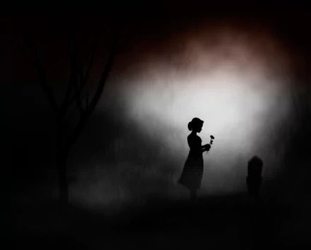  Silhouette of Young Girl with Rose at Tombstone