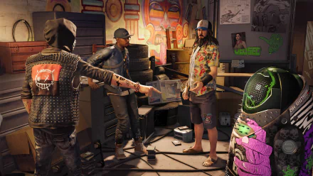 A vibrant HD desktop wallpaper from Watch Dogs 2, featuring three characters in a cluttered room, showcasing their unique styles and the game's urban atmosphere.