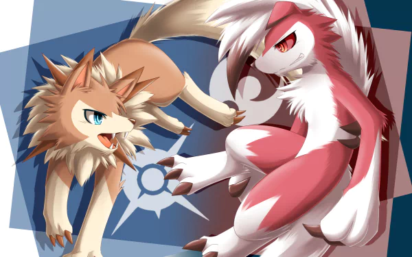 HD PC desktop wallpaper featuring Lycanroc from Pokémon Sun and Moon, showcasing its two distinct forms in a dynamic video game art style.
