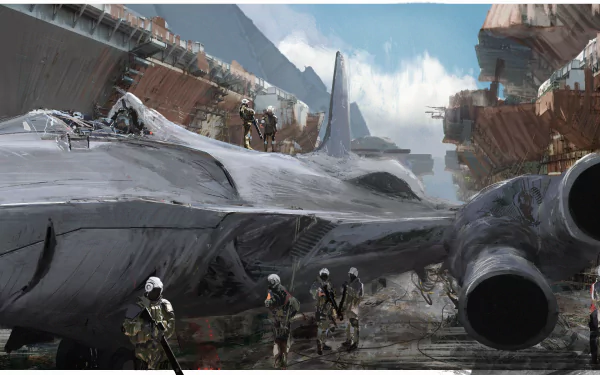 Sci‑Fi military scene: soldiers and aircraft surround a massive jet fighter on a ruined futuristic airfield — 2K Quad HD PC desktop wallpaper and background.