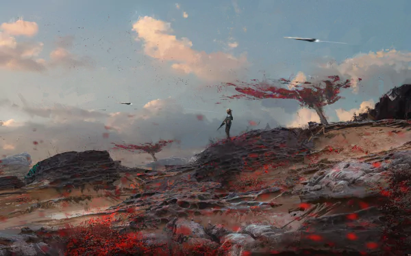 A sci-fi HD desktop wallpaper featuring a lone soldier standing near a striking red-leafed tree in a rocky, otherworldly landscape under a pastel sky.