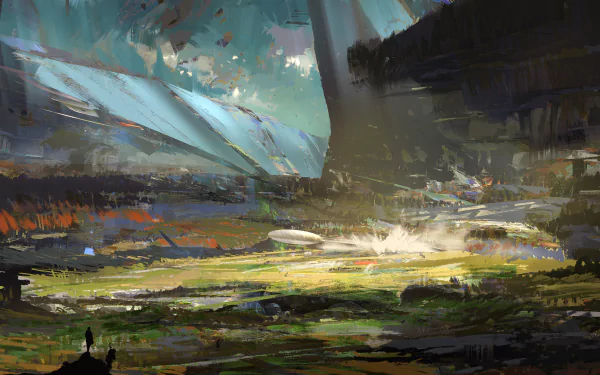 Futuristic sci-fi landscape with alien terrain and structures, rendered in HD for a vivid PC desktop wallpaper and background.