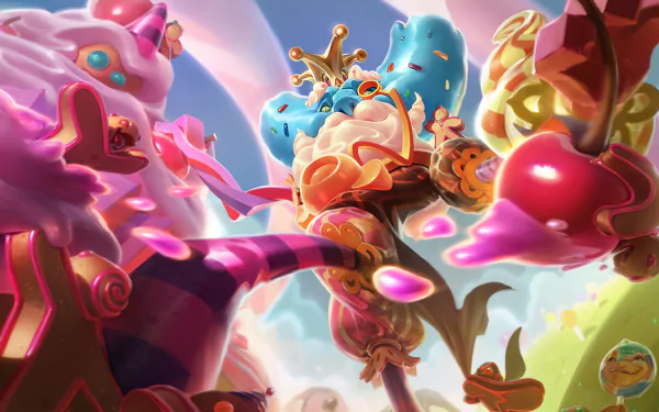 HD desktop wallpaper of Ivern from League of Legends, depicted with candy-themed elements and a crown, showcasing vibrant colors and a playful video game aesthetic.