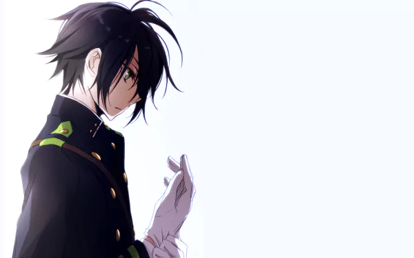 Yūichirō Hyakuya from Seraph of the End stands poised in a military uniform, his intense gaze hinting at his determination, set against a minimalistic background.