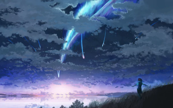 A stunning HD desktop wallpaper featuring Mitsuha Miyamizu from Your Name, showcasing a beautiful evening sky with shooting stars and a vibrant sunset.