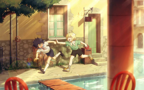 HD PC wallpaper featuring Mikaela Hyakuya and Yūichirō Hyakuya from the anime Seraph of the End running playfully along a sunlit riverside path.