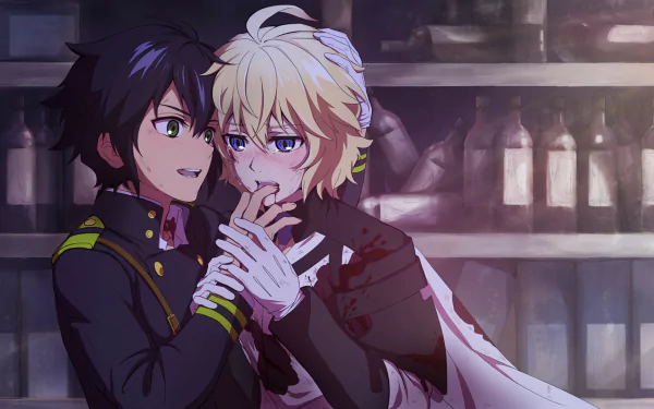 A dynamic scene featuring Mikaela and Yūichirō Hyakuya from the anime Seraph of the End, set against a moody background with bottles, creating an engaging HD wallpaper.