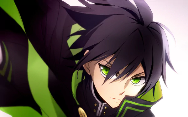 Yūichirō Hyakuya from *Seraph of the End* is portrayed with striking green eyes and black hair, captured in an action pose. This HD wallpaper makes a vibrant desktop background.