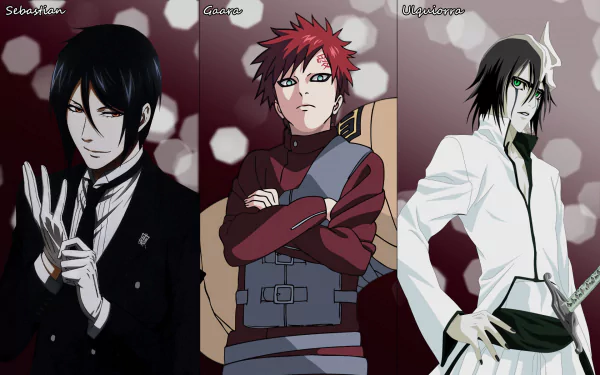 A vibrant HD wallpaper featuring characters from Bleach, Black Butler, and Naruto: Ulquiorra Cifer, Sebastian Michaelis, and Gaara, set against a colorful background.