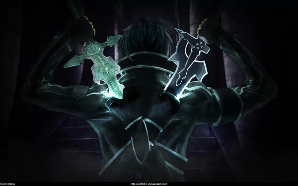 A dramatic anime-inspired HD wallpaper featuring a character from Sword Art Online, showcasing dual swords against a dark backdrop, capturing a sense of adventure and mystery.