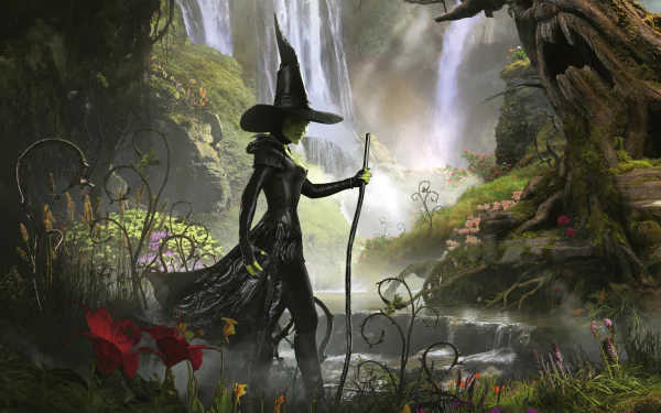 A dark forest scene featuring a witch with a staff, set against a mystical backdrop of waterfalls and vibrant flora, inspired by *Oz the Great and Powerful*. HD desktop wallpaper.