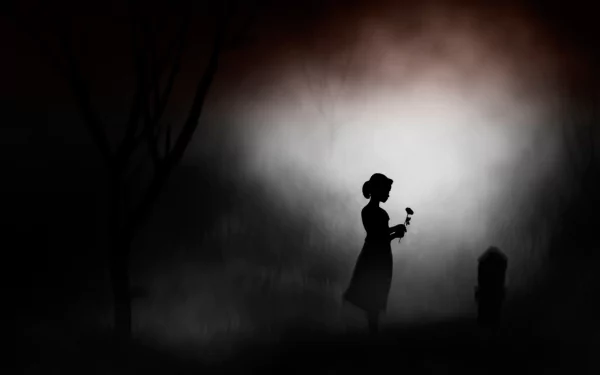  Silhouette of Young Girl with Rose at Tombstone
