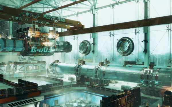 Deus Ex: Mankind Divided 4K Ultra HD PC wallpaper — high-tech industrial hangar with suspended machinery, chrome tubes, cranes and teal-green ambient light.