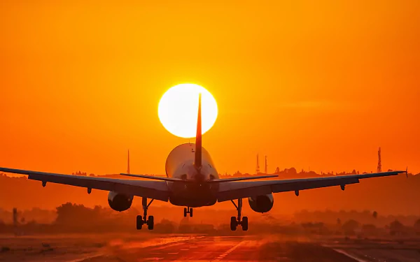 A passenger plane takes off against a vibrant orange sunset, casting a warm glow over the horizon. This HD image captures a stunning moment in aviation.