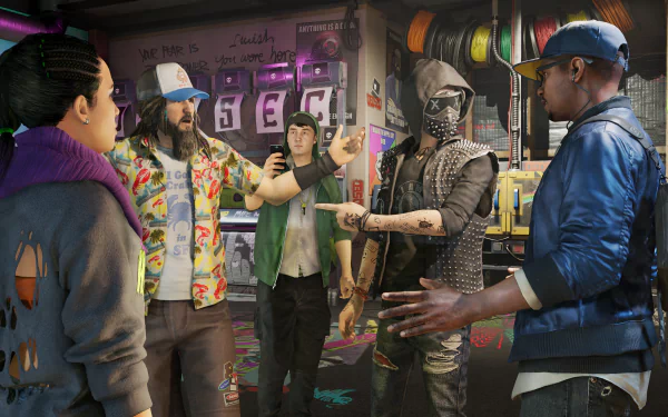 A vibrant scene from Watch Dogs 2, featuring diverse characters engaging in conversation within a colorful, graffiti-filled environment, serves as an engaging HD desktop wallpaper.