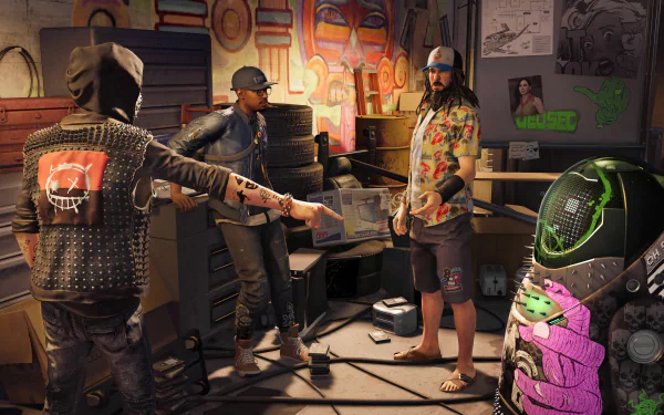 A vibrant HD desktop wallpaper from Watch Dogs 2, featuring three characters in a cluttered room, showcasing their unique styles and the game's urban atmosphere.