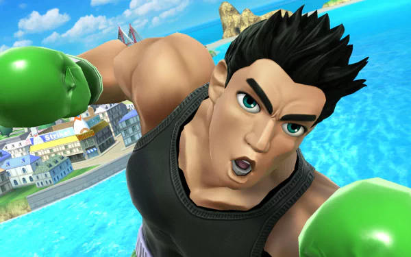 HD desktop wallpaper featuring Little Mac from the game Super Smash Bros. for Nintendo 3DS and Wii U, posed for action against a coastal backdrop.