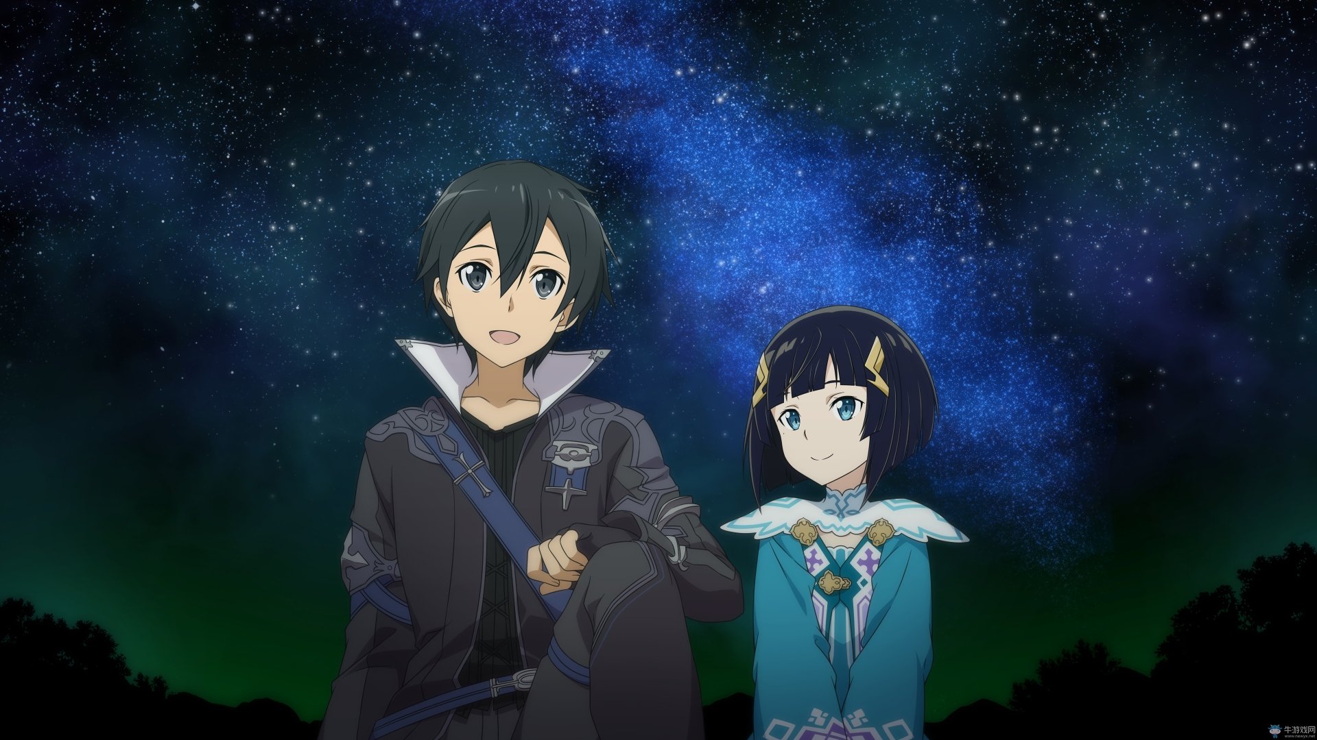 4K Ultra HD anime wallpaper featuring Kazuto Kirigaya (Kirito) and a female character from Sword Art Online II against a starry night sky.