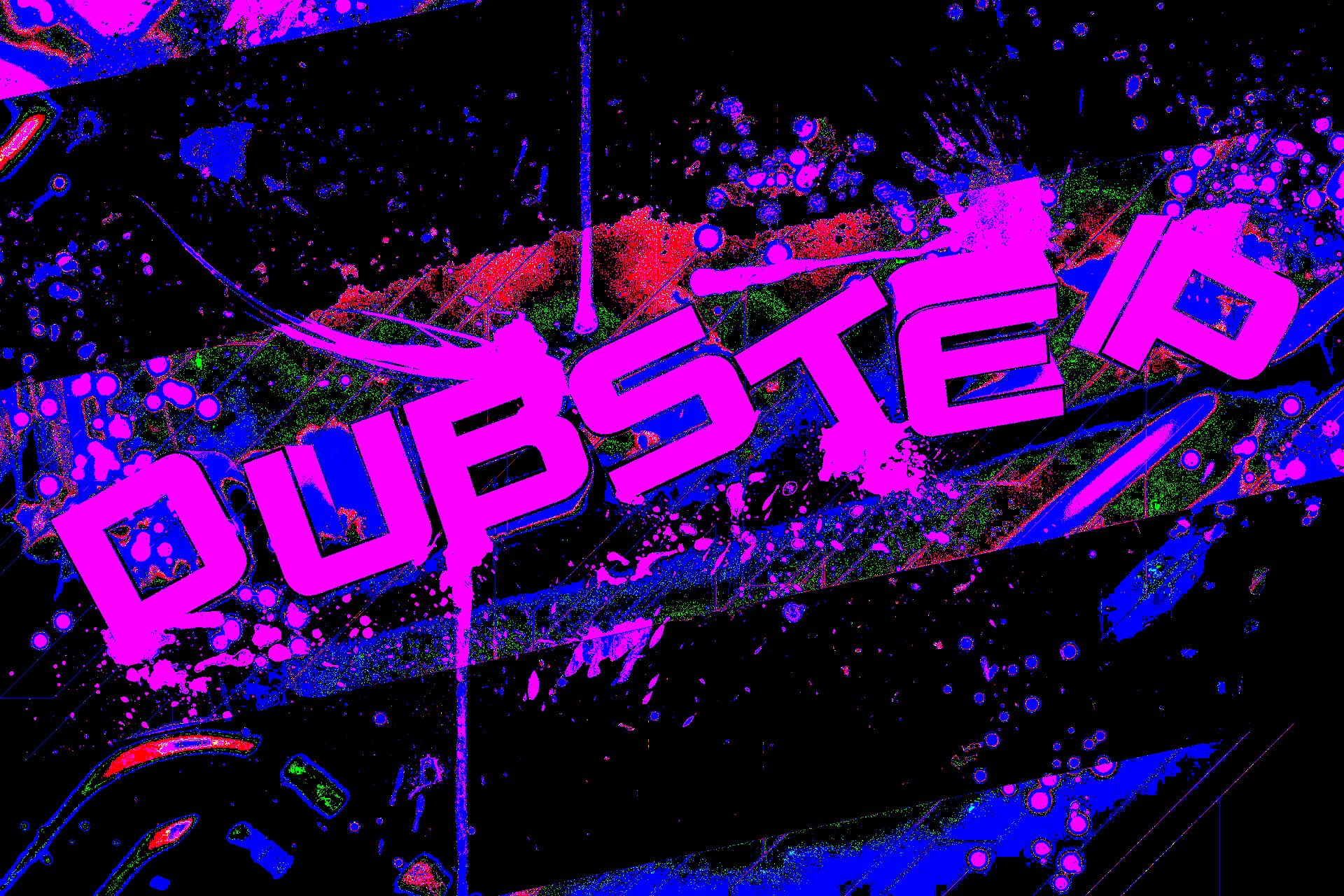 HD desktop wallpaper featuring bright neon pink text DUBSTEP against a dynamic, electric electronic music-inspired background with vibrant splashes and energetic design elements.