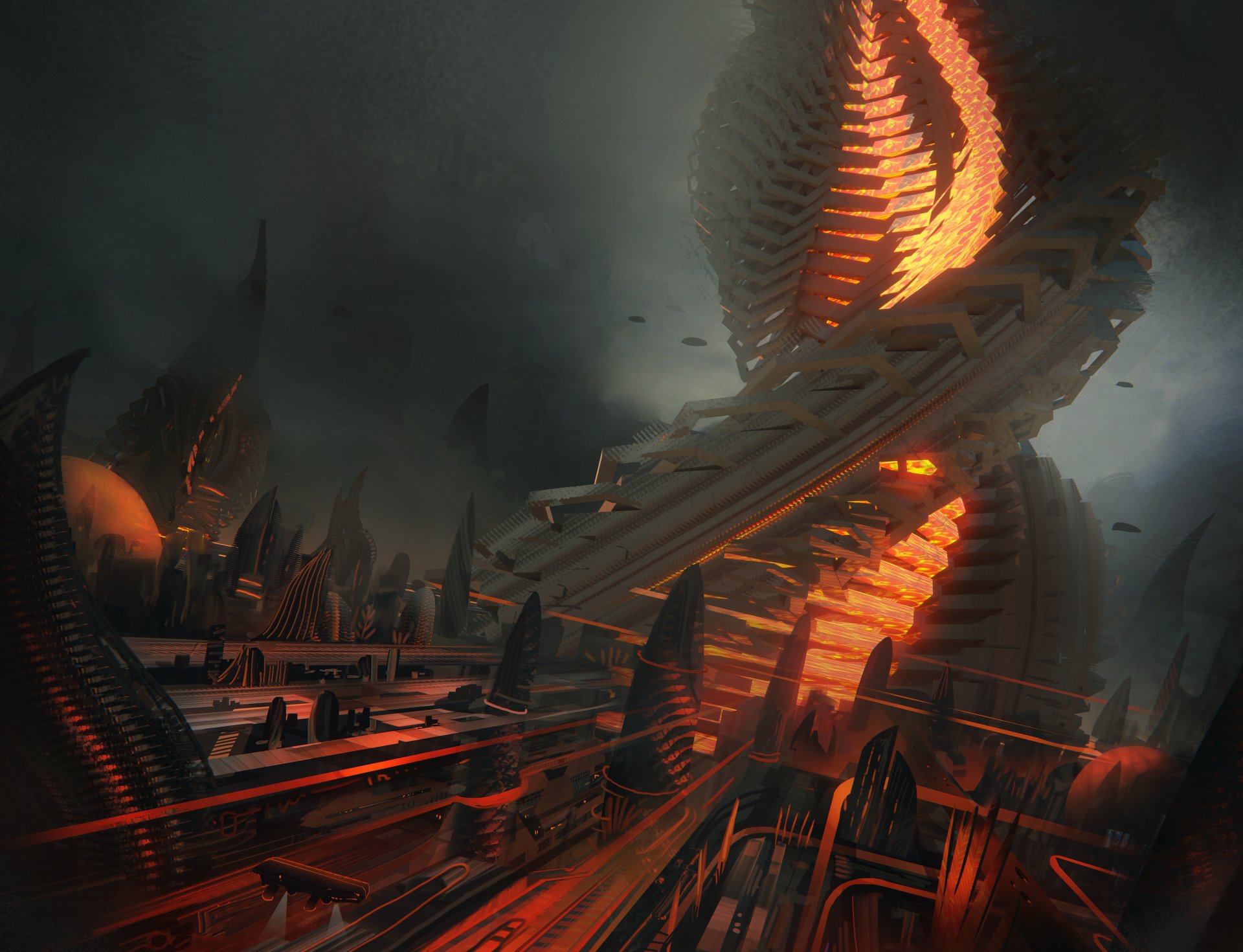 A striking sci-fi cityscape featuring towering structures and dynamic lighting, this HD desktop wallpaper immerses you in a futuristic world brimming with intrigue and wonder.