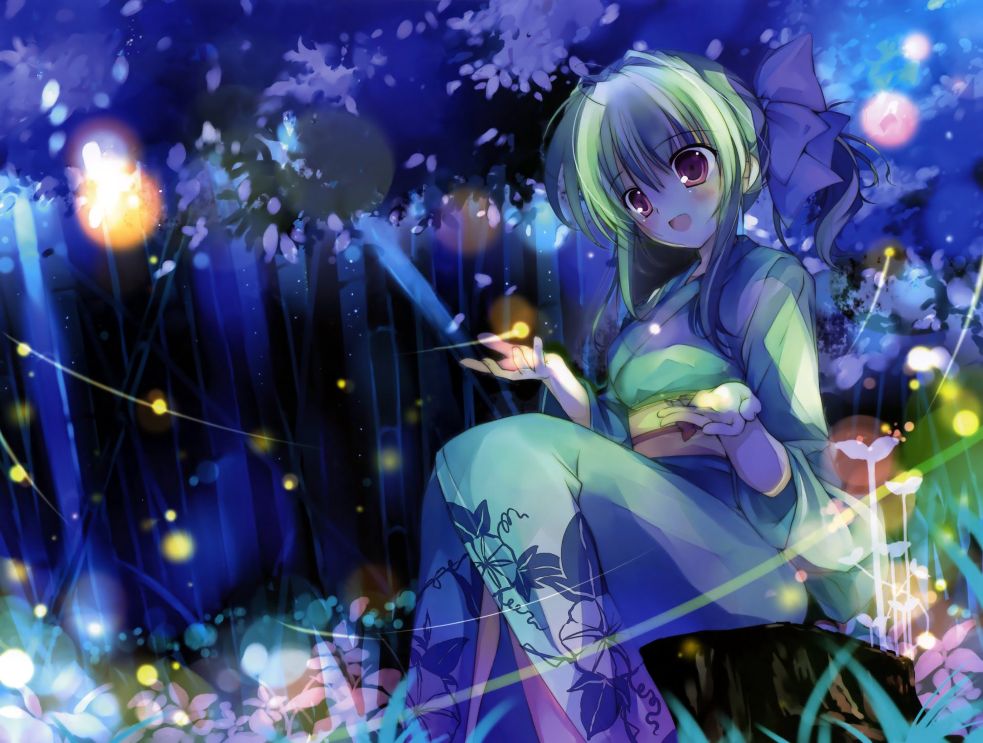 HD anime-style original artwork featuring a green-haired girl in traditional attire surrounded by glowing fireflies in a mystical forest, designed as a PC desktop wallpaper.