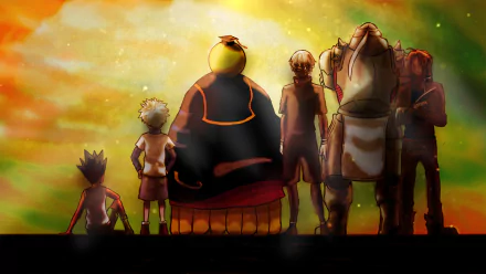 HD anime crossover wallpaper featuring Killua Zoldyck and Gon Freecss (Hunter x Hunter), Koro-sensei (Assassination Classroom), Alphonse and Edward Elric (Fullmetal Alchemist), and Ken Kaneki (Tokyo Ghoul).