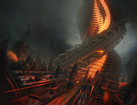 A striking sci-fi cityscape featuring towering structures and dynamic lighting, this HD desktop wallpaper immerses you in a futuristic world brimming with intrigue and wonder.